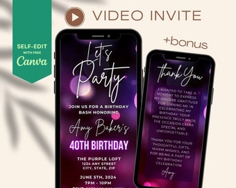 Glam purple glitter birthday animated invitation, editable birthday invitation, party invitation, adult birthday party evite template,