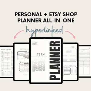 May include: A digital planner for Etsy shop owners and personal use. The planner is hyperlinked and includes sections for budgeting, getting started, Etsy, planning, index, and sales and promotion. The planner is displayed on a tablet.