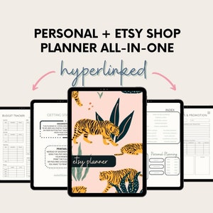 Pode incluir: Um planejador digital para proprietários de lojas Etsy e uso pessoal. O planejador apresenta um fundo rosa com estampa de tigre e o texto "etsy planner". O planejador é hiperligado e inclui seções para orçamento, início, índice e marketing e promoção.
