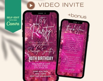 Glam pink glitter balloon birthday animated invitation,editable birthday invitation,party invitation, adult birthday party evite template