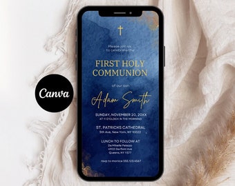Digital Blue Watercolor First Communion Invitation, Electronic Boy First Holy Communion Invite, Editable Invitation Template, Text Message