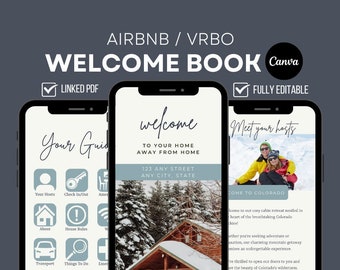 May include: A welcome book for Airbnb and VRBO rentals. The cover features a cabin in a snowy forest with the text "Welcome to your home away from home". The book is fully editable and includes a linked PDF.