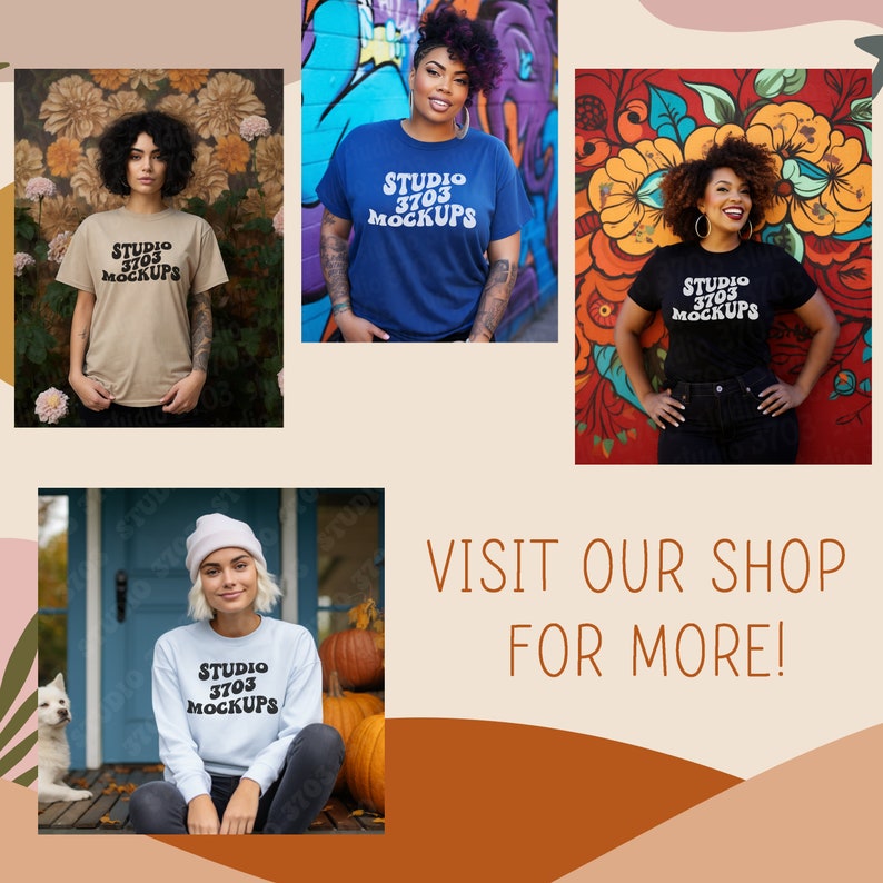 K&ouml;nnte beinhalten: Eine Collage aus vier Bildern, die verschiedene Personen zeigen, die T-Shirts und Sweatshirts mit dem Text "STUDIO 3703 MOCKUPS" tragen. Die Bilder haben verschiedene Hintergr&uuml;nde, darunter eine Graffiti-bemalte Backsteinmauer, eine Blumenwand und eine Veranda mit K&uuml;rbissen.