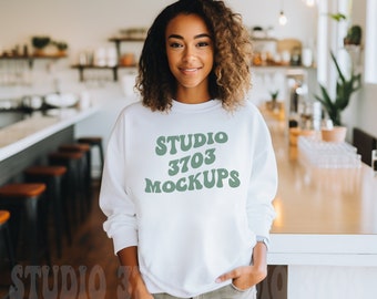 Sweatshirt Mockup Black Model, White Gildan 18000 Sweatshirt Mockup, Black Girl Mockup, African American Woman White Sweater Mock Up