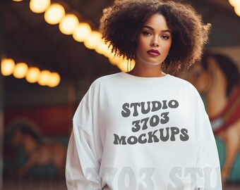 Sweatshirt Mockup Black Model, White Gildan 18000 Sweatshirt Mockup, Black woman Mockup, African American Woman White Sweater Mock Up