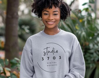 Sweatshirt Mockup Black Model, Athletic Heather Grey Gildan 18000 Sweatshirt Mockup, Black Girl Mockup, African American Woman Mock Up