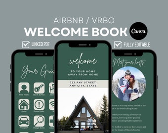 May include: A green and white welcome book template for Airbnb and VRBO hosts. The template includes a welcome message, a section for hosts to introduce themselves, and a guide to the property and surrounding area. The template is fully editable and can be customized to fit any host's needs.