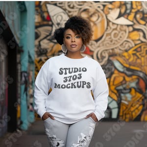 Sweatshirt Mockup Black Model, White Gildan 18000 Sweatshirt Mockup, Black Girl Mockup, African American Woman White Sweater Mock Up