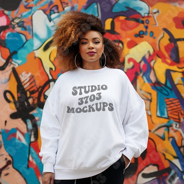 Sweatshirt Mockup Black Model, White Gildan 18000 Sweatshirt Mockup, Black Girl Mockup, African American Woman, Oversized Sweatshirt Mock Up