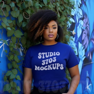 Black Model Mockup, Blue Shirt Mock Up, Curvy Model Mock Up Blue T-shirt, Black Woman Mockup, Royal Blue Mockup, Black Female Model Mockup