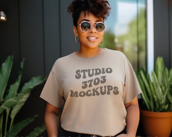 Black Model Mockup, Gildan Sand T-Shirt Mock Up, Black Woman Mockup, African American Female Model, Gildan Mockup, Tan shirt mock up