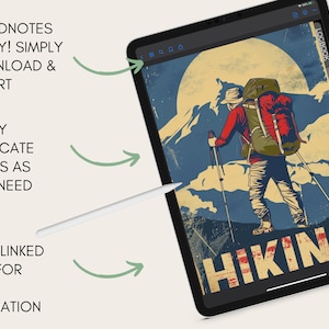 May include: A digital illustration of a hiker with a backpack and hiking poles in front of a mountain range. The image is on a tablet screen with a Goodnotes app interface showing tabs for Logbook, Notes, Monthly, Weekly, and To-Do. The text "HIKING" is at the bottom of the image.