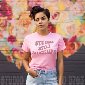 Latina Model Mockup, Pink Bella Canvas 3001 Mockup, Mockup, Latina Woman Mockup, Aesthetic Mockup, Colorful Shirt Mockup, Trendy mockup