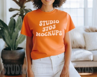 Latina Model Mockup, Orange Bella Canvas 3001 Mockup, Mockup, Latina Woman Mockup, Aesthetic Mockup, Colorful Shirt Mockup, Trendy mockup