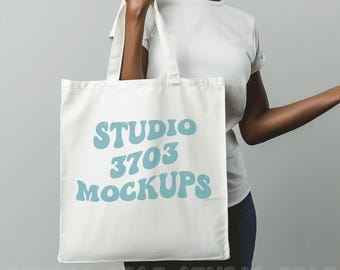 Canvas Tote Bag Mockup Natural | Model Tote Bag Mockup | Styled Stock Photo, Black Woman Mockup Tote Bag