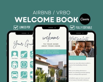 May include: A welcome book template for Airbnb and VRBO hosts. The template is fully editable and includes a guide for guests, a welcome message, and a section to introduce the hosts. The template is designed to be used on a mobile device.