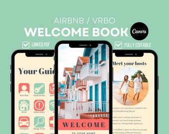 May include: A phone screen mockup showing a welcome book template for Airbnb and VRBO rentals. The template includes a guide for guests with icons for check-in, house rules, transportation, and things to do. The welcome book also includes a section to meet the hosts with a photo of a couple on a beach.
