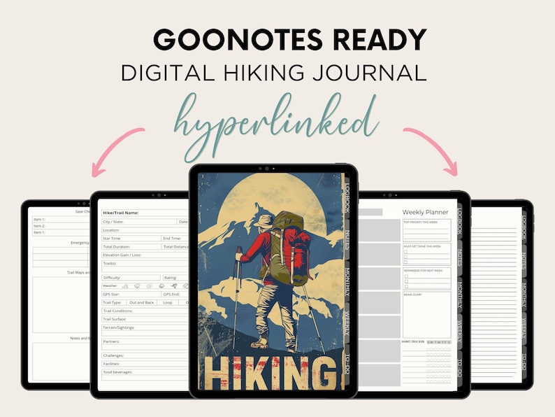 May include: A digital hiking journal for Goodnotes, featuring a retro-style illustration of a hiker on a mountain. The journal includes pages for planning hikes, tracking progress, and recording notes. The journal is hyperlinked for easy navigation.