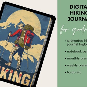 May include: A digital hiking journal for Goodnotes app with a vintage illustration of a hiker on a mountain. The journal includes a logbook, notebook pages, monthly and weekly planners, and a to-do list.