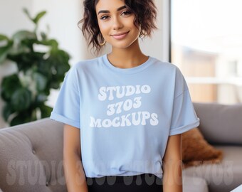 Latina Model Mockup, Blue Shirt Mock Up, Curvy Model Mock Up Blue T-shirt, Hispanic woman Mockup, Light Blue Mockup, Female Model Mockup