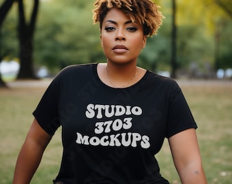 Schwarzes Modell-Mockup, schwarzes Hemd-Mock-Up, kurvige Modell-Mock-Up-Schwarz-T-Shirt, schwarzes Frauen-Mockup Plus Size, afroamerikanisches weibliches Modell