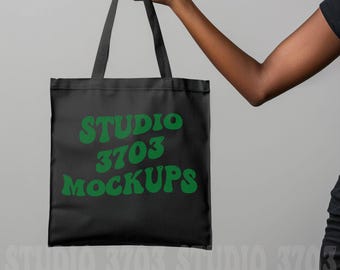 Black Canvas Tote Bag Mockup Natural | Model Tote Bag Mockup | Styled Stock Photo, Black Woman Mockup Tote Bag