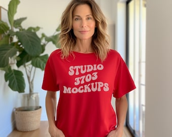 Mature Older Woman Model Mockup, Red Bella Canvas 3001 Mockup, Latina Woman Mockup, Latina American, Aesthetic Mockup, Trendy Shirt Mockup