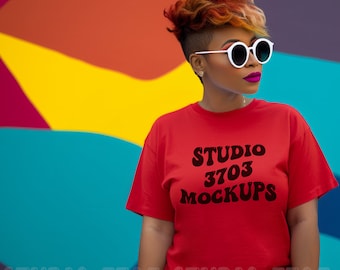 Black Model Mockup, Red Bella Canvas 3001 Mockup, Plus Size Mockup, Black Woman Mockup, African American, Aesthetic shirt Mockup, Gildan