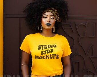 Black Model Mockup, Yellow Gold Bella Canvas 3001 Mockup, Plus Size Mockup, Black Woman Mockup, African American, Aesthetic shirt Mockup