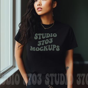 Asian Model Mockup, Black Shirt Mock Up, Curvy Model Mock Up Black T-Shirt, Asian Woman Mockup, Asian Female Model Mock Up, Diverse Mockups