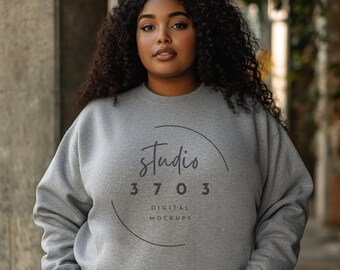 Sweatshirt Mockup Black Model, Athletic Heather Grey Gildan 18000 Sweatshirt Mockup, Black Girl Mockup, African American Woman Mock Up