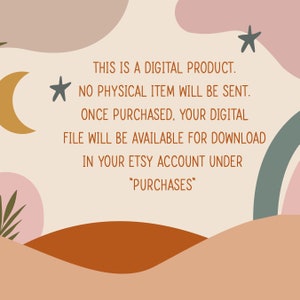 K&ouml;nnte beinhalten: Eine digitale Produktank&uuml;ndigung mit einem Text&uuml;berlagerung auf einem Hintergrund aus abstrakten Formen in Rosa-, Orange- und Gr&uuml;nt&ouml;nen. Der Text lautet: "THIS IS A DIGITAL PRODUCT. ★ NO PHYSICAL ITEM WILL BE SENT. ONCE PURCHASED, YOUR DIGITAL FILE WILL BE AVAILABLE FOR DOWNLOAD IN YOUR ETSY ACCOUNT UNDER "PURCHASES""