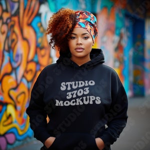 Mockup Black Model, Black Gildan 18500 Hoodie Sweatshirt Mockup, Black Girl Mockup, African American Woman, Black Hooded Sweater Mock Up