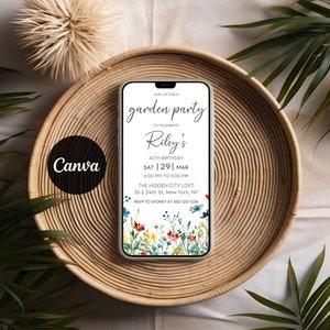 May include: A digital invitation for a garden party to celebrate Riley's 40th birthday. The invitation features a watercolor floral design with a white background and text that reads "Join us for a garden party to celebrate Riley's 40th birthday. Sat | 29 | Mar 6:00 PM to 9:00 PM The Hidden City Loft 36 E 24th St, New York, NY RSVP to Sydney at 555-123-1234"