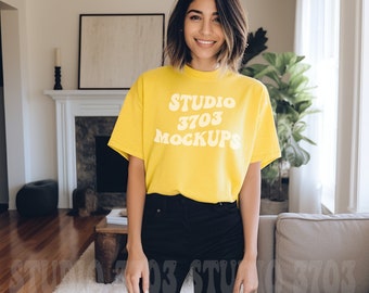 Latina Model Mockup, Yellow Bella Canvas 3001 Mockup, Mockup, Latina Woman Mockup, Aesthetic Mockup, Colorful Shirt Mockup, Trendy mockup