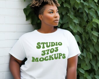 Black Model Mockup, White Shirt Mock Up, Curvy Model Mock Up white T-Shirt, Black Woman Mockup, African American Female Model, Gildan Mockup