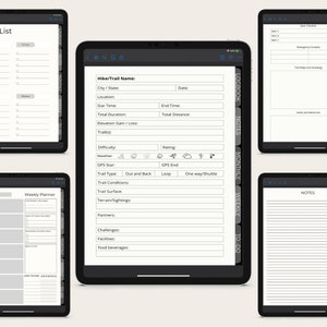 May include: A digital planner template for hiking and trail planning. The template includes sections for hike name, location, date, time, duration, elevation gain, difficulty, rating, trail type, trail conditions, trail surface, terrain, partners, challenges, facilities, and notes.