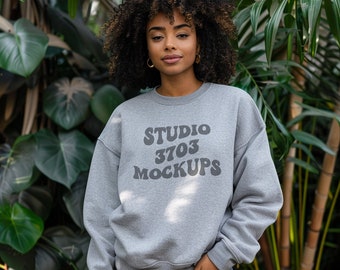 Sweatshirt Mockup Black Model, Athletic Heather Grey Gildan 18000 Sweatshirt Mockup, Black Girl Mockup, African American Woman Mock Up