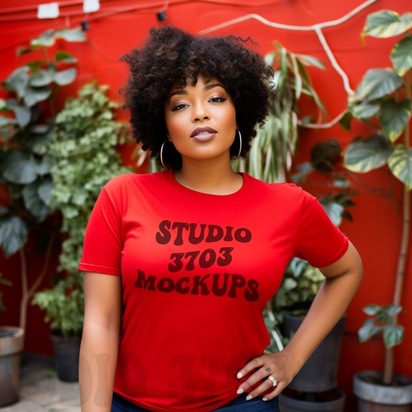 Black Model Mockup, Red Bella Canvas 3001 Mockup, Plus Size Mockup, Black Woman Mockup, African American, Aesthetic shirt Mockup, Gildan