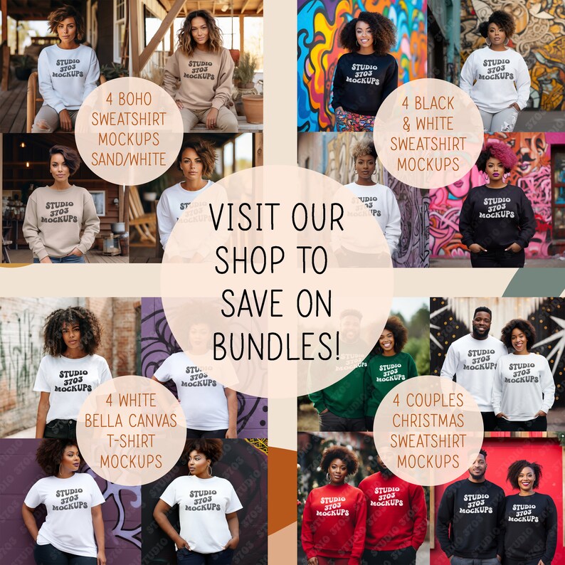 K&ouml;nnte beinhalten: Eine Collage aus Bildern, die verschiedene Arten von Bekleidungs-Mockups zeigen, darunter Sweatshirts, T-Shirts und Paarsweatshirts. Die Mockups pr&auml;sentieren verschiedene Farben und Stile, wobei der Text "STUDIO 3703 MOCKUPS" auf jedem Kleidungsst&uuml;ck erscheint. Der Text "BESUCHEN SIE UNSEREN SHOP, UM GELD F&Uuml;R PAKETE ZU SPAREN!" wird in der Mitte der Collage angezeigt.