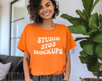 Latina Model Mockup, Orange Bella Canvas 3001 Mockup, Mockup, Latina Woman Mockup, Aesthetic Mockup, Colorful Shirt Mockup, Trendy mockup