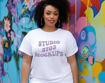 Black Model Mockup, White Shirt Mock Up, Curvy Model Mock Up white T-Shirt, Black Woman Mockup, African American Female Model, Gildan Mockup