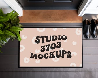 May include: A brown doormat with a white and pink pattern. The doormat has black text that reads "Studio 3703 Mockups".