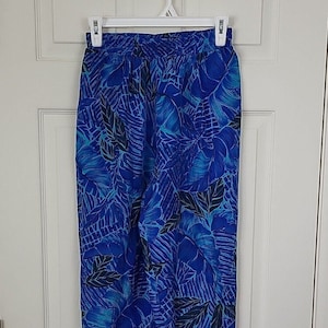 Vintage 90s PS Illustrations Blue Silk Cropped Track Pants Size Small Tropical, leaves, Vacation, funky, cool, Summer