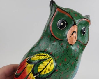 Green Handmade Folk Art Paper Mache Owl, Pot Hugger, Tonala Mexico Style, Owl Book Rest, Bohemian Owl, Boho, Eclectic, Plant Sitter, 10"