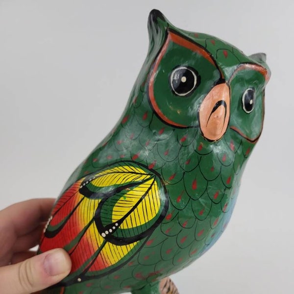 Green Handmade Folk Art Paper Mache Owl, Pot Hugger, Tonala Mexico Style, Owl Book Rest, Bohemian Owl, Boho, Eclectic, Plant Sitter, 10"