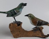 Hand Carved, Figure, Wood Carving, Hand Painted, Birds On A Log, Folk Art, Garden Birds, Sculpture, Realistic, Green, Crossbill