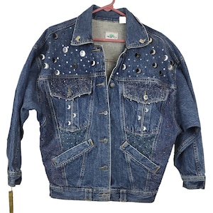 Vintage 80s 90s OOAK Women's Beaded Sequin Blue Denim Jacket Stars Moons Size Medium, Celestial, Cute