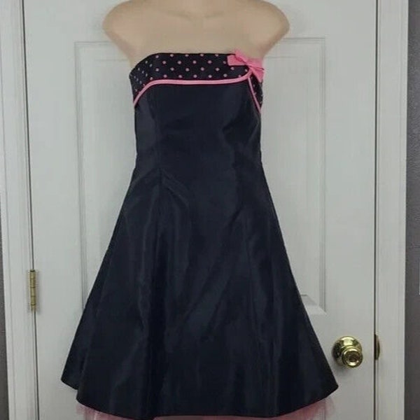 Vintage Jessica McClintock Gunne Sax Strapless Satin Black Pink A-Line Dress Size 7