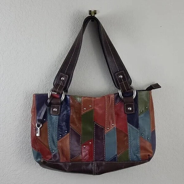 Vintage 90s Fossil Leather Multicolor patchwork Boho Hippie Shoulder Purse bag